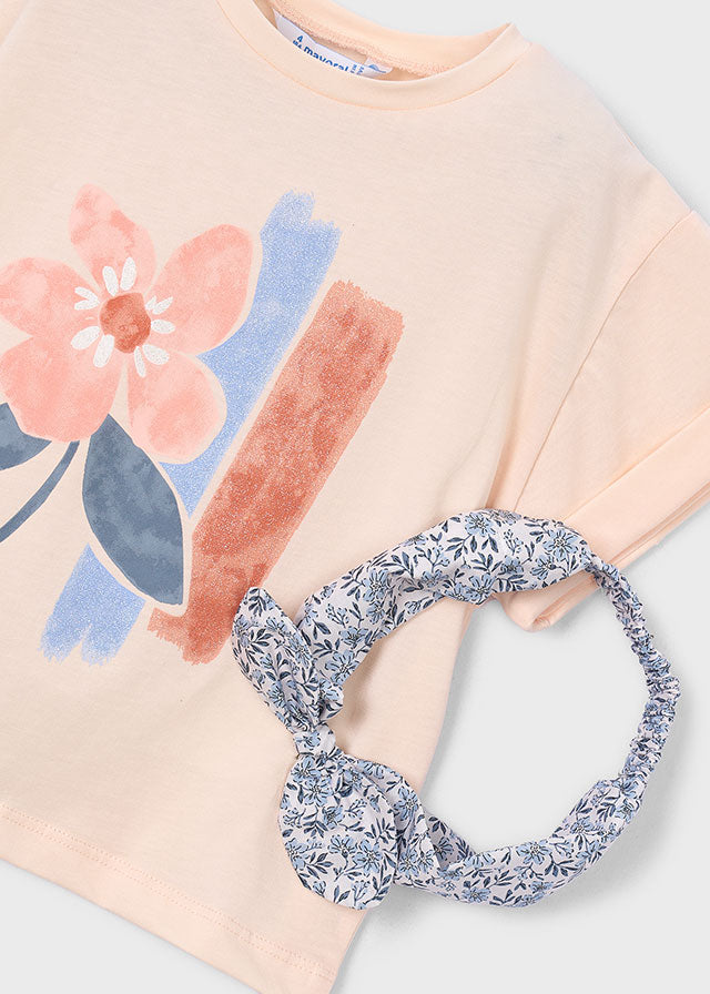 T-Shirt Con Fiore Ad Acquerello E Fascia