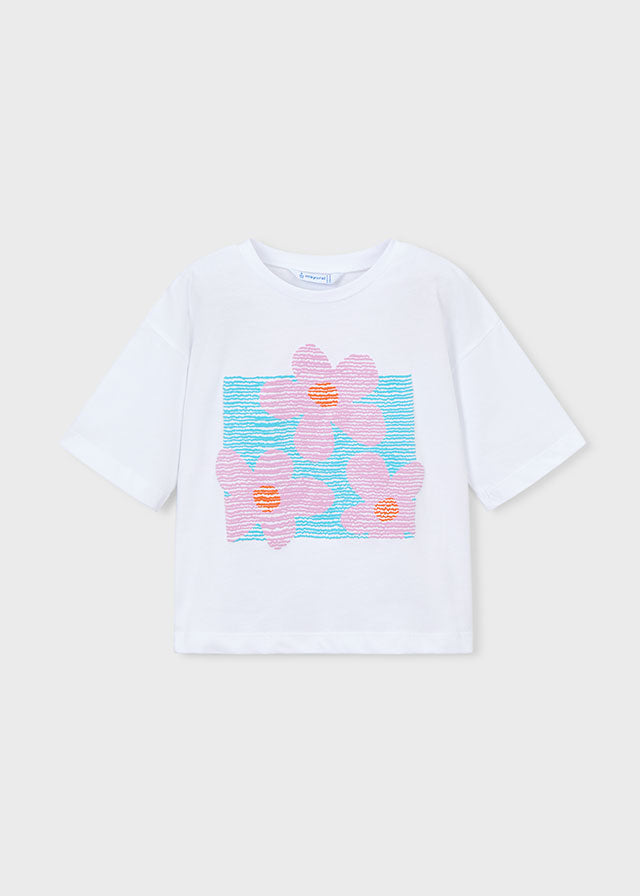 T-Shirt Bianca Con Fiori Rosa