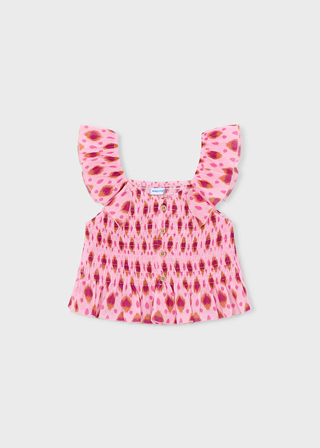 Top Rosa In Punto Smock Con Stampa Ikat