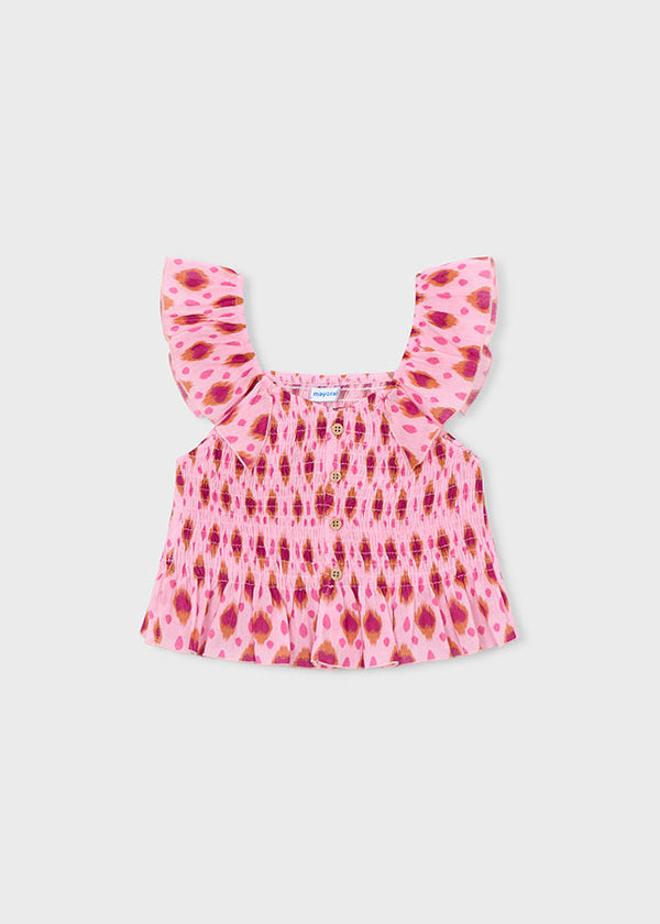 Top Rosa In Punto Smock Con Stampa Ikat