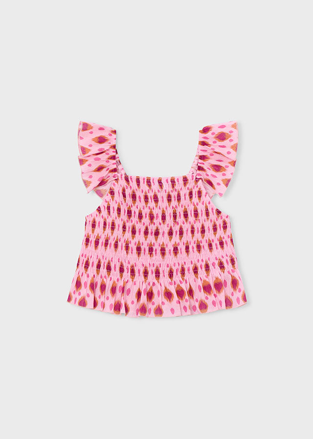 Top Rosa In Punto Smock Con Stampa Ikat