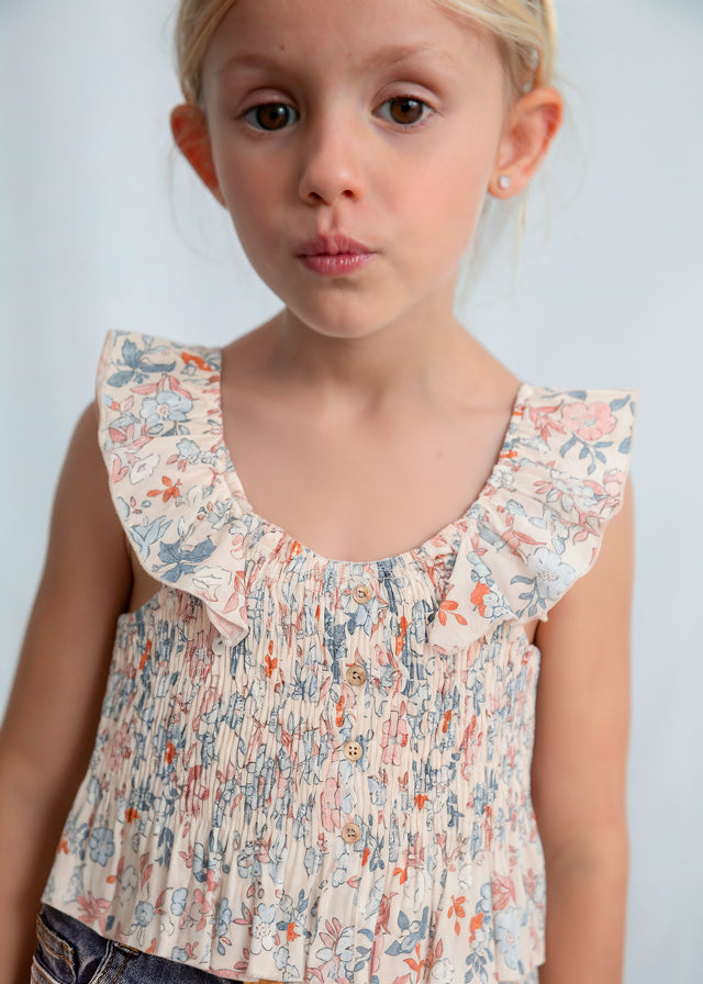 Top Panna In Punto Smock Con Fantasia Floreale