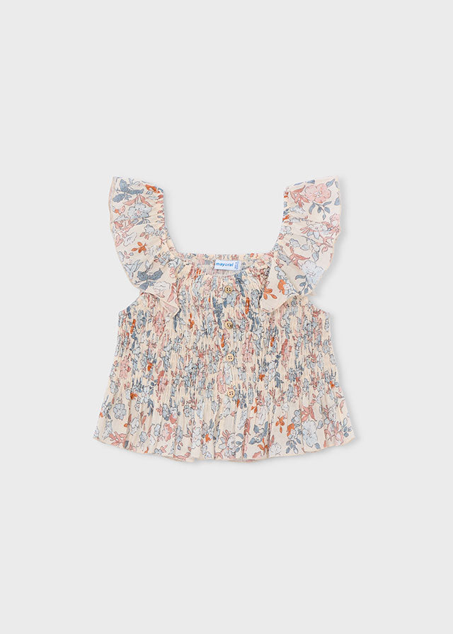 Top Panna In Punto Smock Con Fantasia Floreale