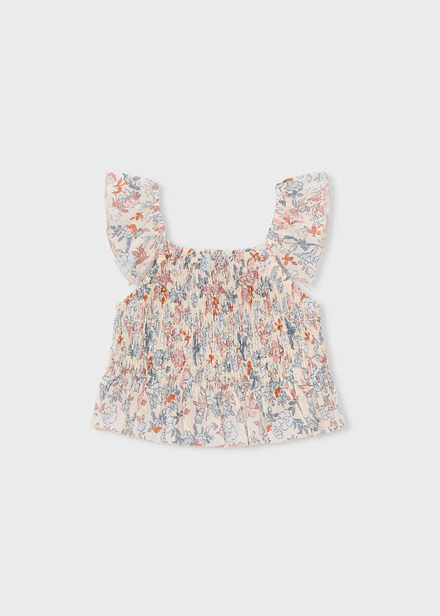 Top Panna In Punto Smock Con Fantasia Floreale