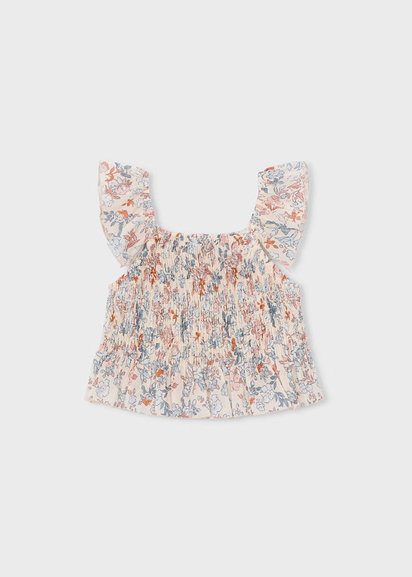 Top Panna In Punto Smock Con Fantasia Floreale