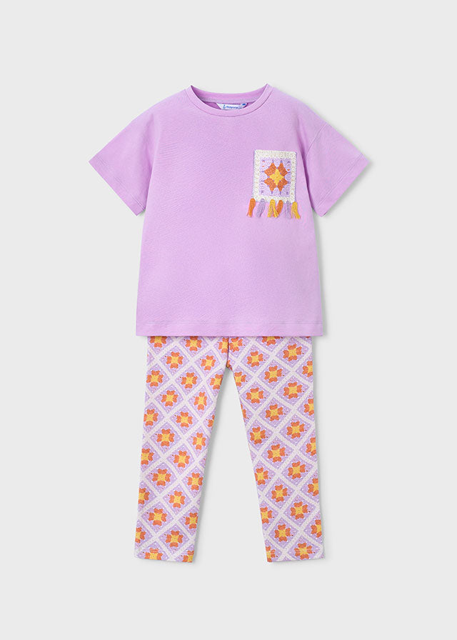 Set 2 Pezzi T-Shirt Lilla E Pantaloni Fantasia
