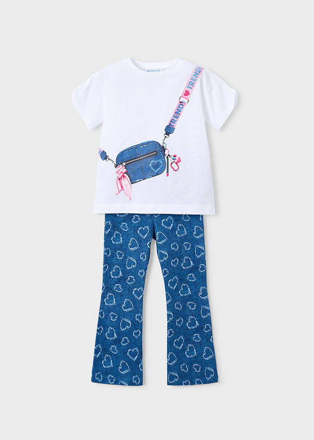 Set 2 Pezzi T-Shirt Bianca E Pantalone A Zampa Blu