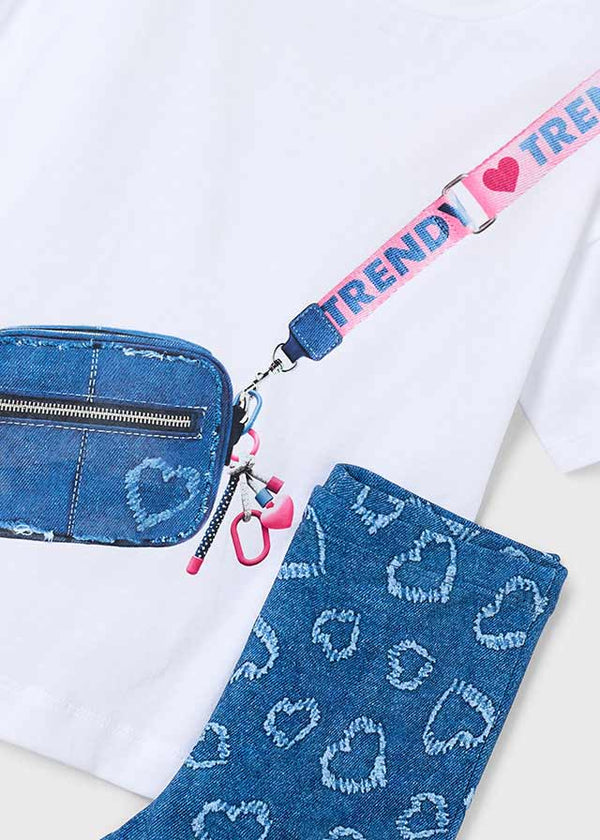 Set 2 Pezzi T-Shirt Bianca E Pantalone A Zampa Blu