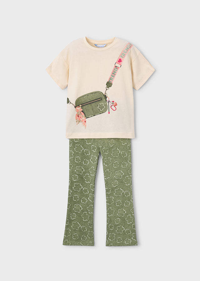 Set 2 Pezzi T-Shirt Bianca E Pantalone A Zampa Verde