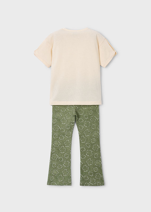 Set 2 Pezzi T-Shirt Bianca E Pantalone A Zampa Verde