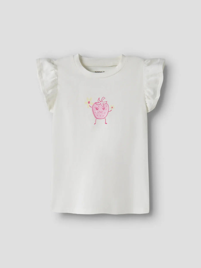 T-Shirt Bimba Bianca Con Volant E Fragolina