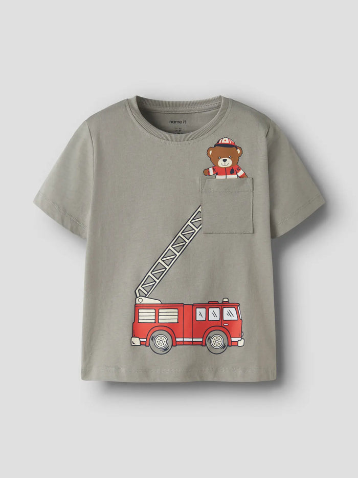 T-Shirt Bambino Grigia Fire Rescue Con Orsetto Pompiere