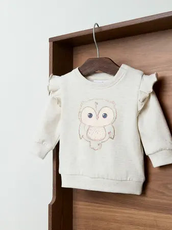 Felpa Da Bambina Con Gufo Panna Melange