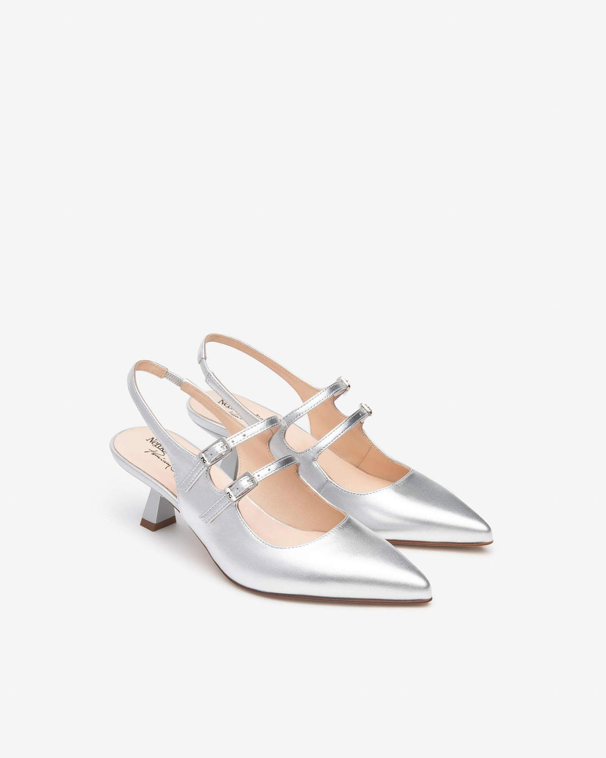 Slingback Doppia Fibbia Argento Con Tacco