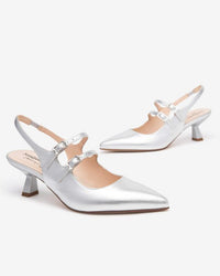 Slingback Doppia Fibbia Argento Con Tacco