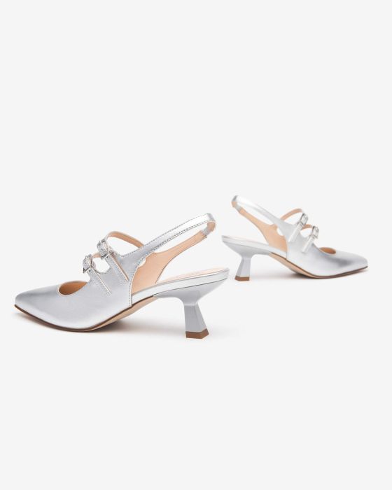 Slingback Doppia Fibbia Argento Con Tacco