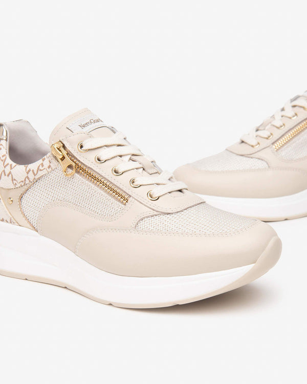 Sneakers Beige Con Zeppa