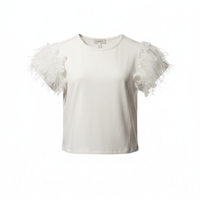 T-Shirt Bianca Con Maniche In Piuma E Volant