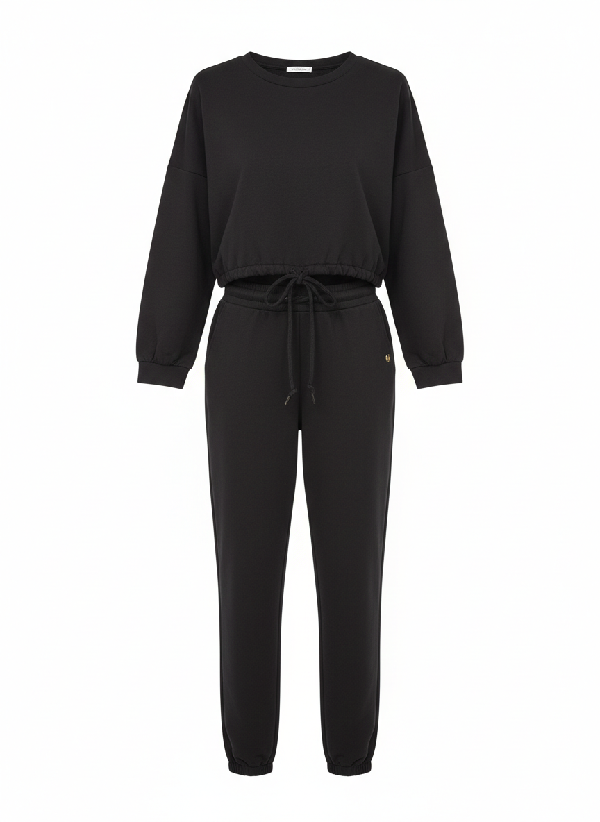 Felpa Crop Arricciata E Joggers Nera Nero