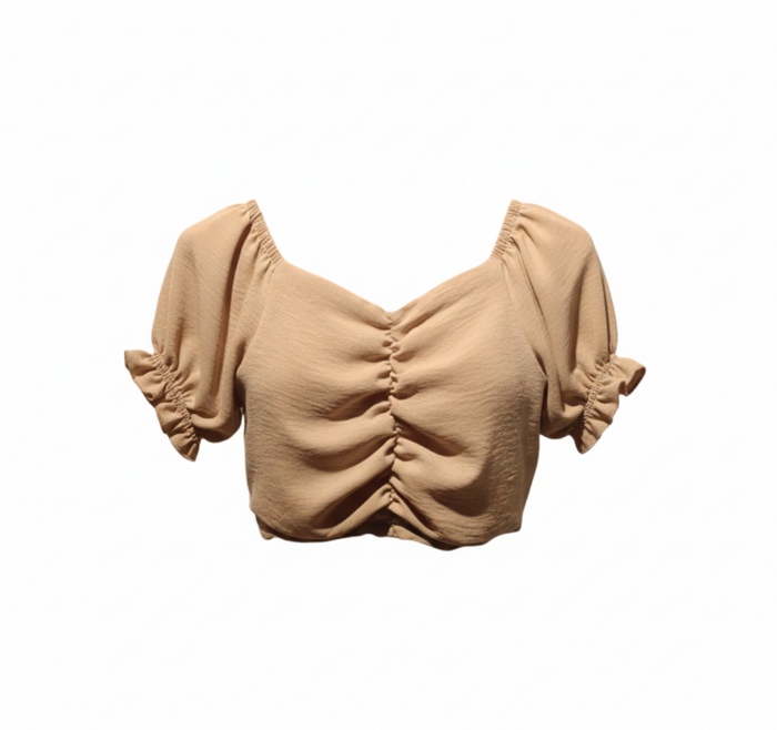 Crop Top Arricciato Con Maniche A Sbuffo Beige