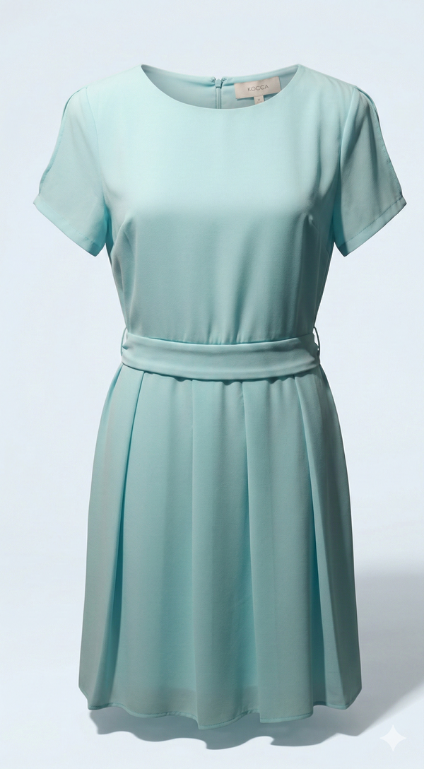 Vestito Elegante Turchese a Manica Corta Con Cintura