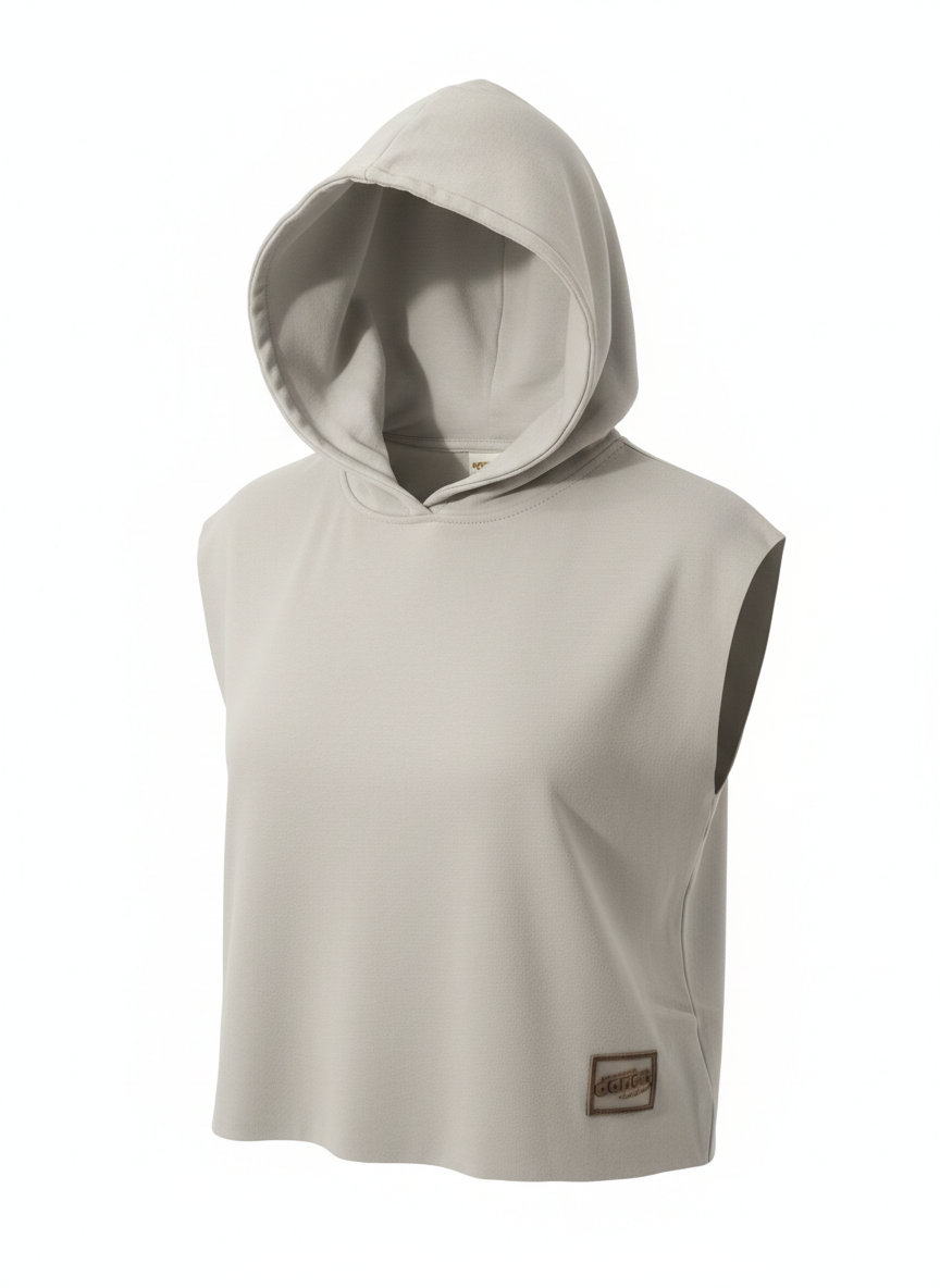 Felpa Cropped Smanicata con Cappuccio Grigio Perla