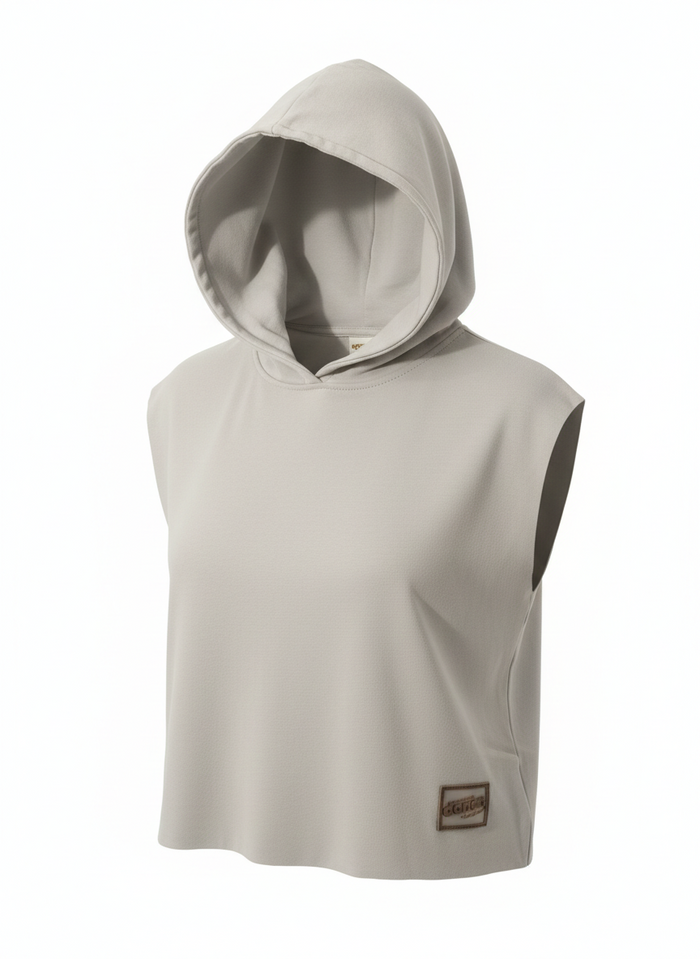 Felpa Cropped Smanicata con Cappuccio Grigio Perla