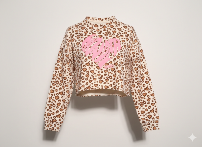 Felpa Cropped a Stampa Animalier con Maxi Cuore