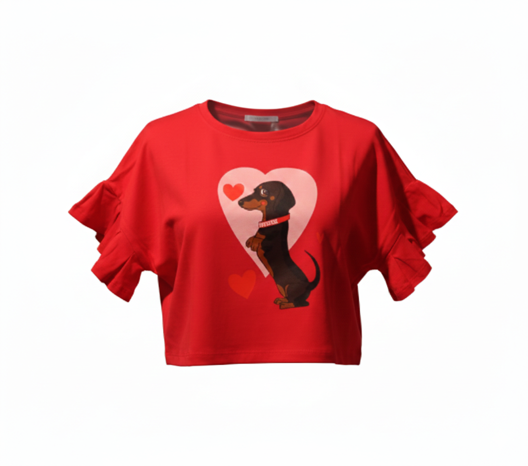 T-Shirt Crop Rosa Tema Basset