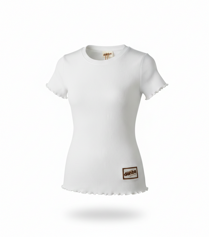 T shirt a Costine Bianca con Bordi Curly