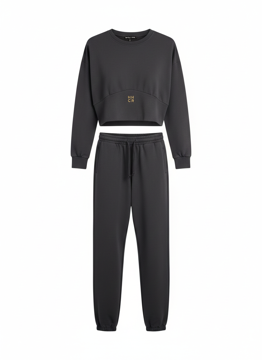 Felpa Cropped E Joggers A Vita Alta Nera Nero