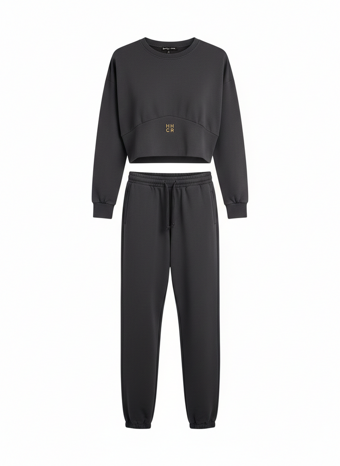 Felpa Cropped E Joggers A Vita Alta Nera Nero