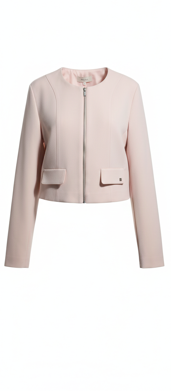 Giacca Cropped Rosa Cipria Con Zip E Scollo Rotondo