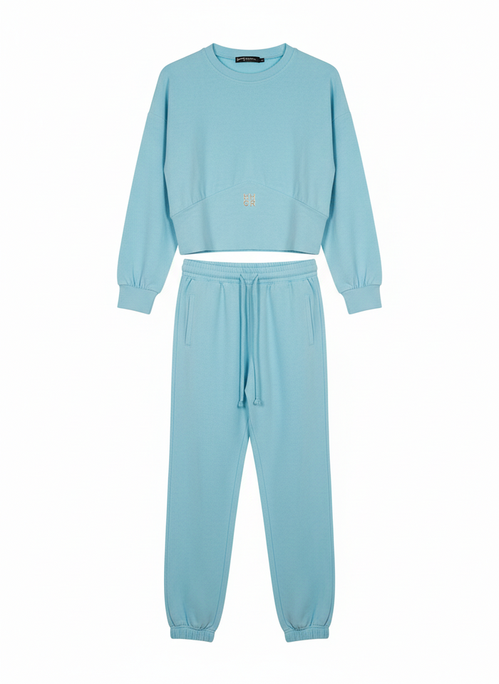 Felpa Cropped E Joggers A Vita Alta Azzurro Acqua