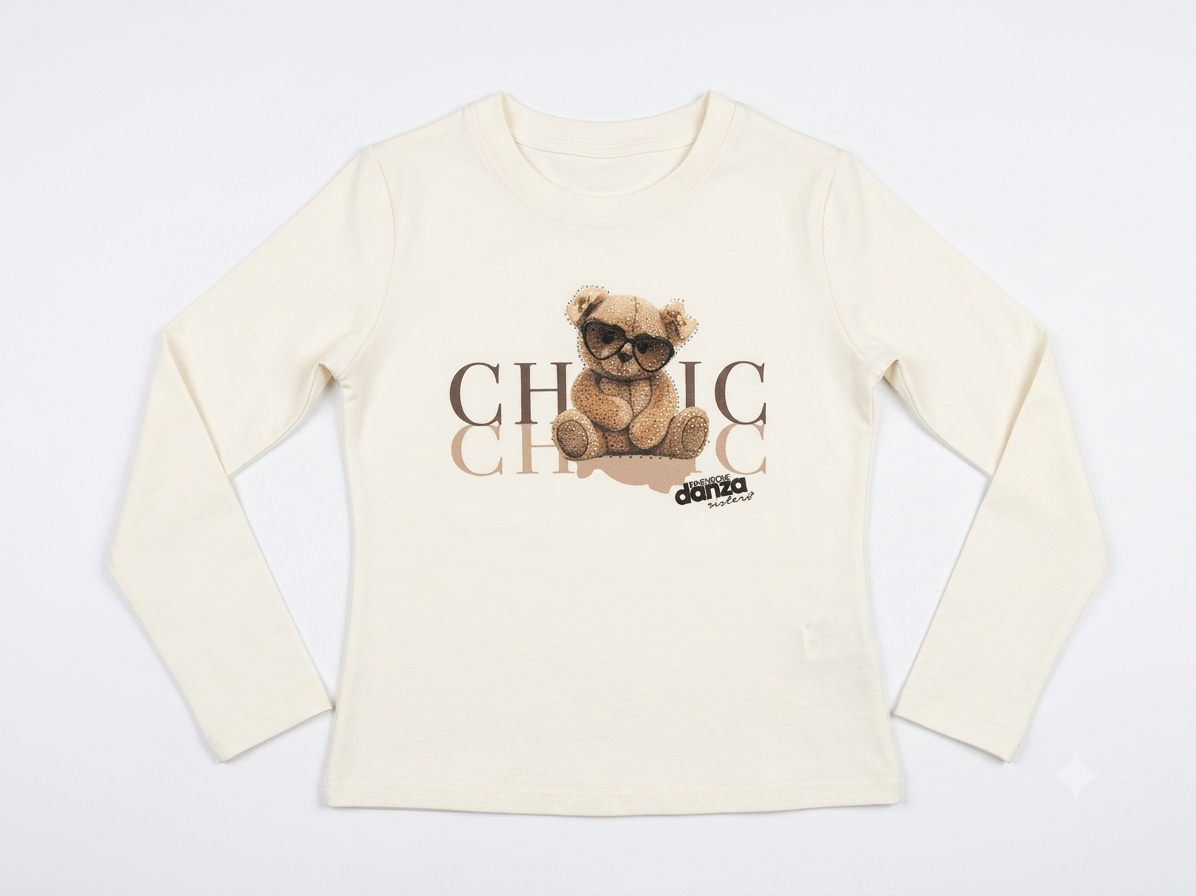 T-Shirt Manica Lunga Con Orsetto Panna