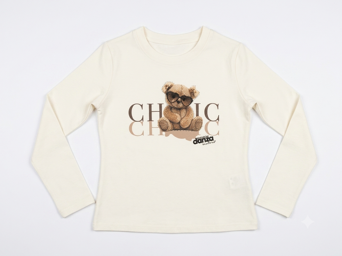 T-Shirt Manica Lunga Con Orsetto Panna
