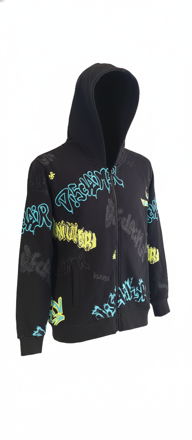 Felpa Full-Zip Nera Con Cappuccio E Graffiti