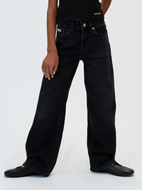 Jeans a Vita Alta e Gamba Larga Neri Denim Black