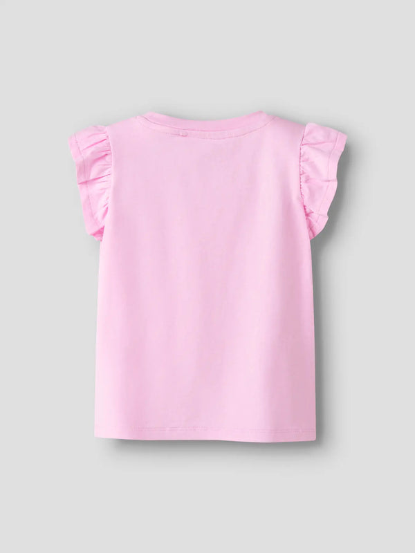 T-Shirt Bimba Rosa Con Volant E Stampa