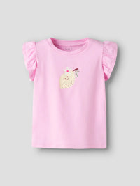 T-Shirt Bimba Rosa Con Volant E Stampa