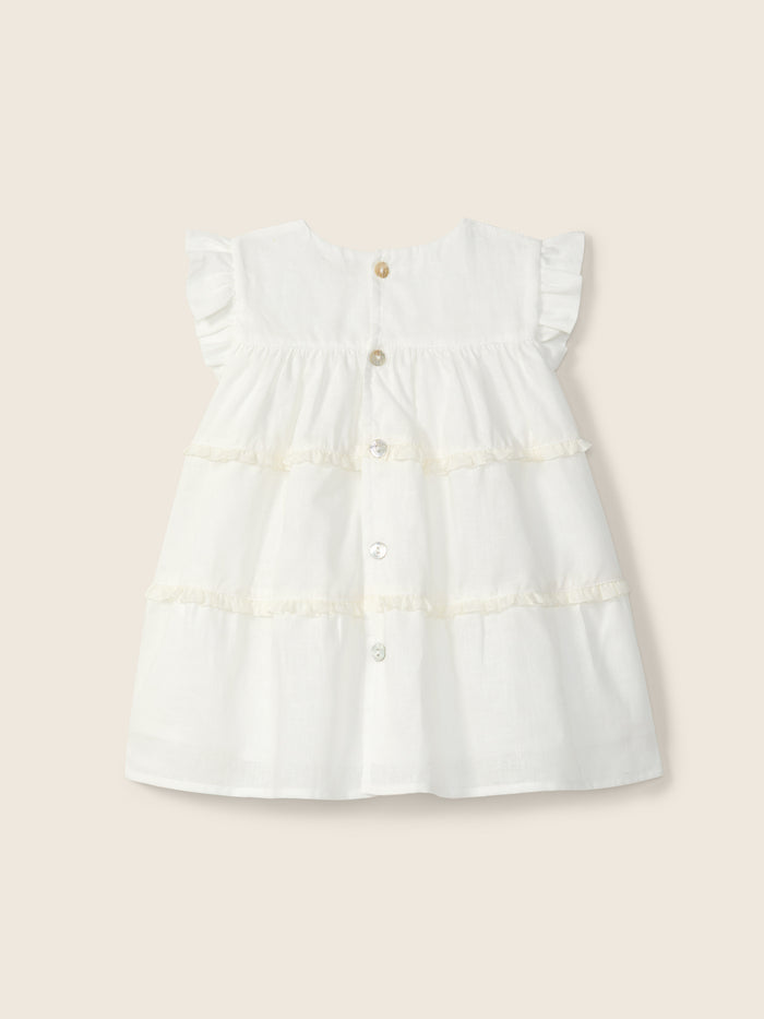 Vestito Smanicato A Balze In Cotone Bianco