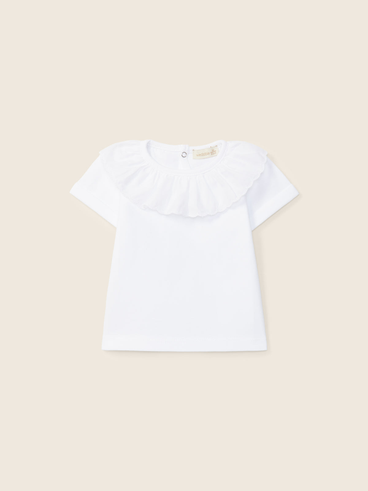 T-Shirt In Cotone Bianco Con Colletto A Volant Ricamato
