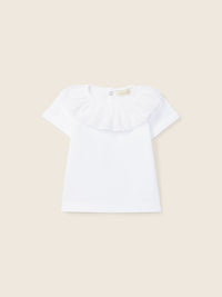T-Shirt In Cotone Bianco Con Colletto A Volant Ricamato