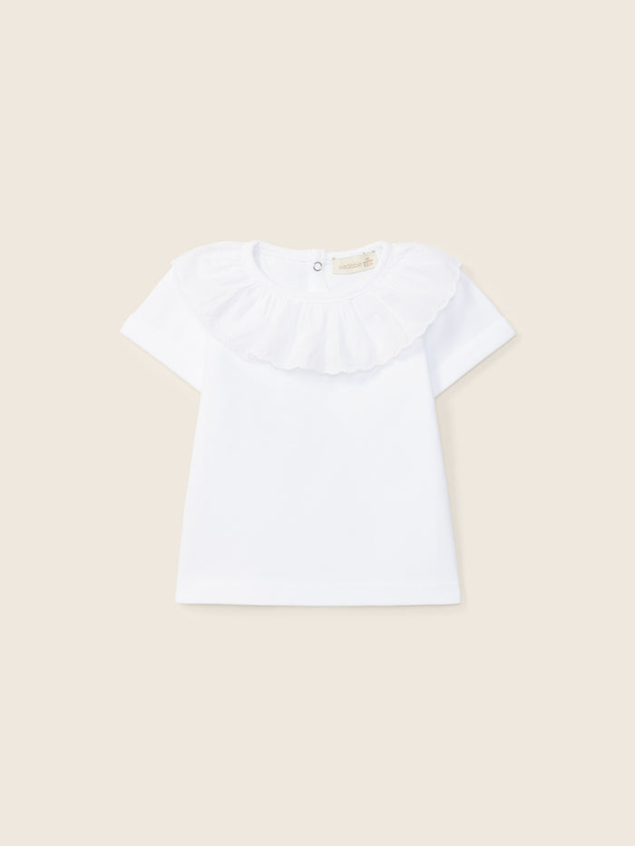 T-Shirt In Cotone Bianco Con Colletto A Volant Ricamato
