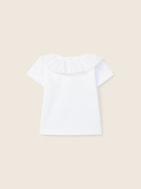 T-Shirt In Cotone Bianco Con Colletto A Volant Ricamato