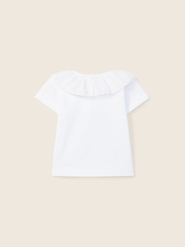 T-Shirt In Cotone Bianco Con Colletto A Volant Ricamato