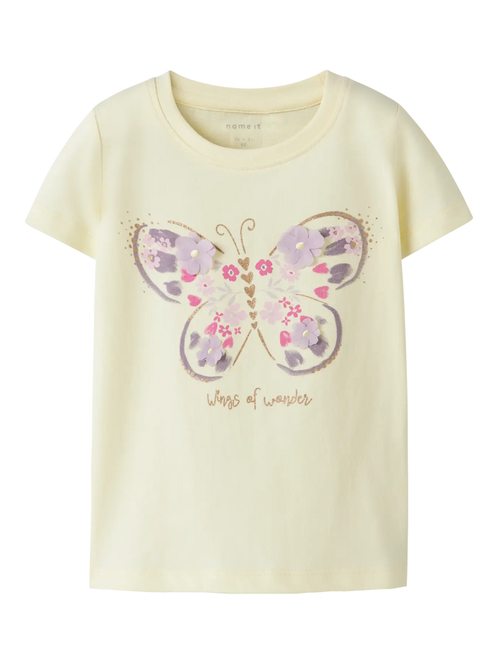 T-Shirt Bambina Crema Con Farfalla Floreale