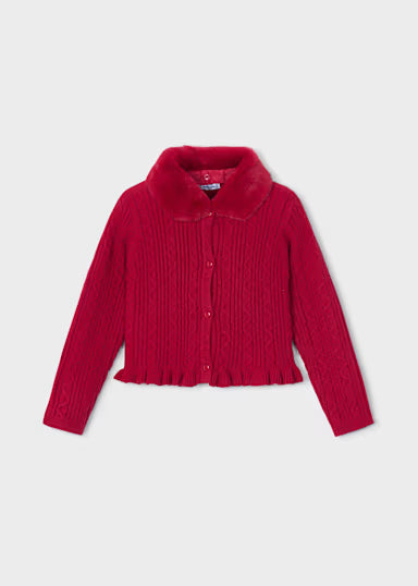 Cardigan Tricot Colletto Pelo Rosso