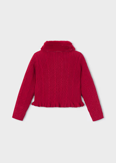 Cardigan Tricot Colletto Pelo Rosso
