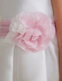 Vestito Bianco con Cintura Rosa Fiore